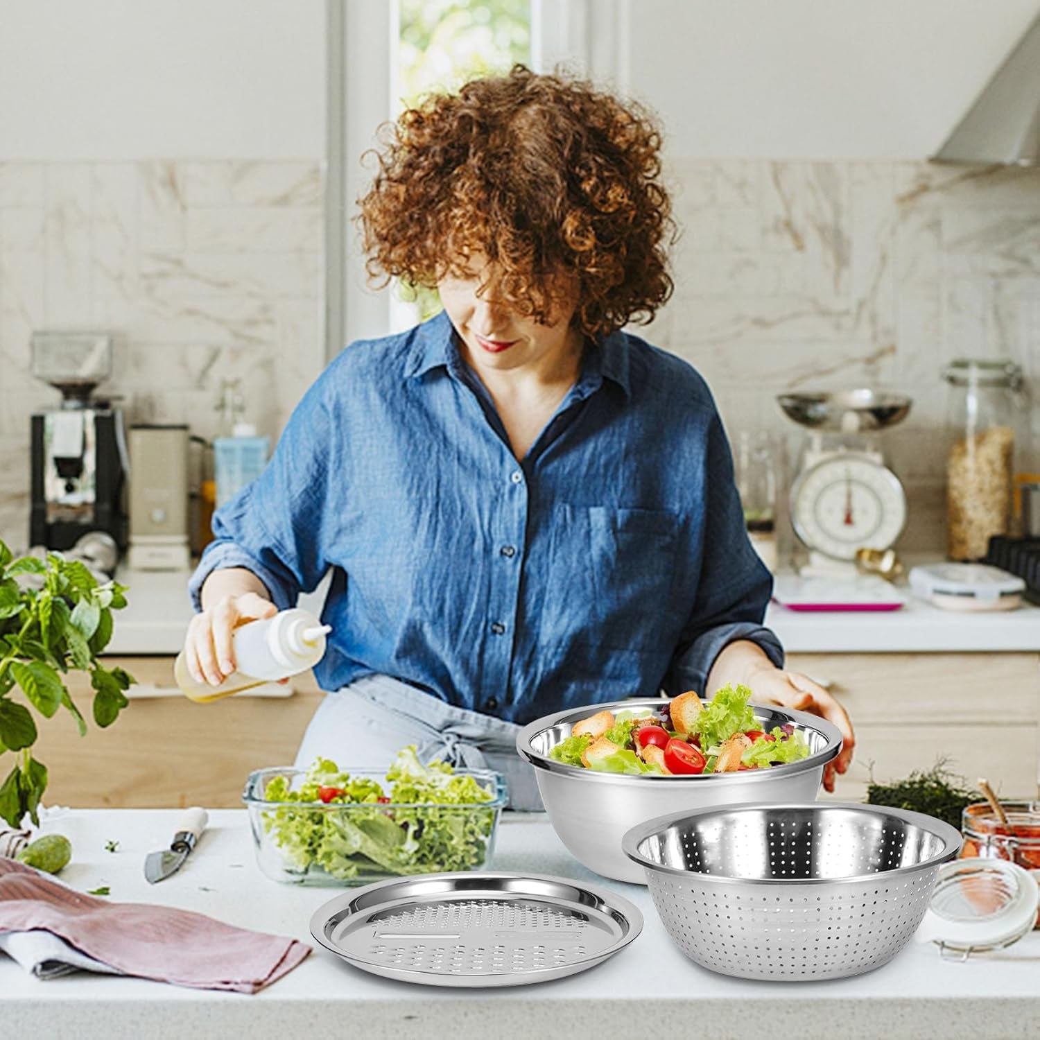 Wukusy 3-in-1 stainless steel mixing, straining, and grater bowl set with multiple attachments for versatile kitchen use