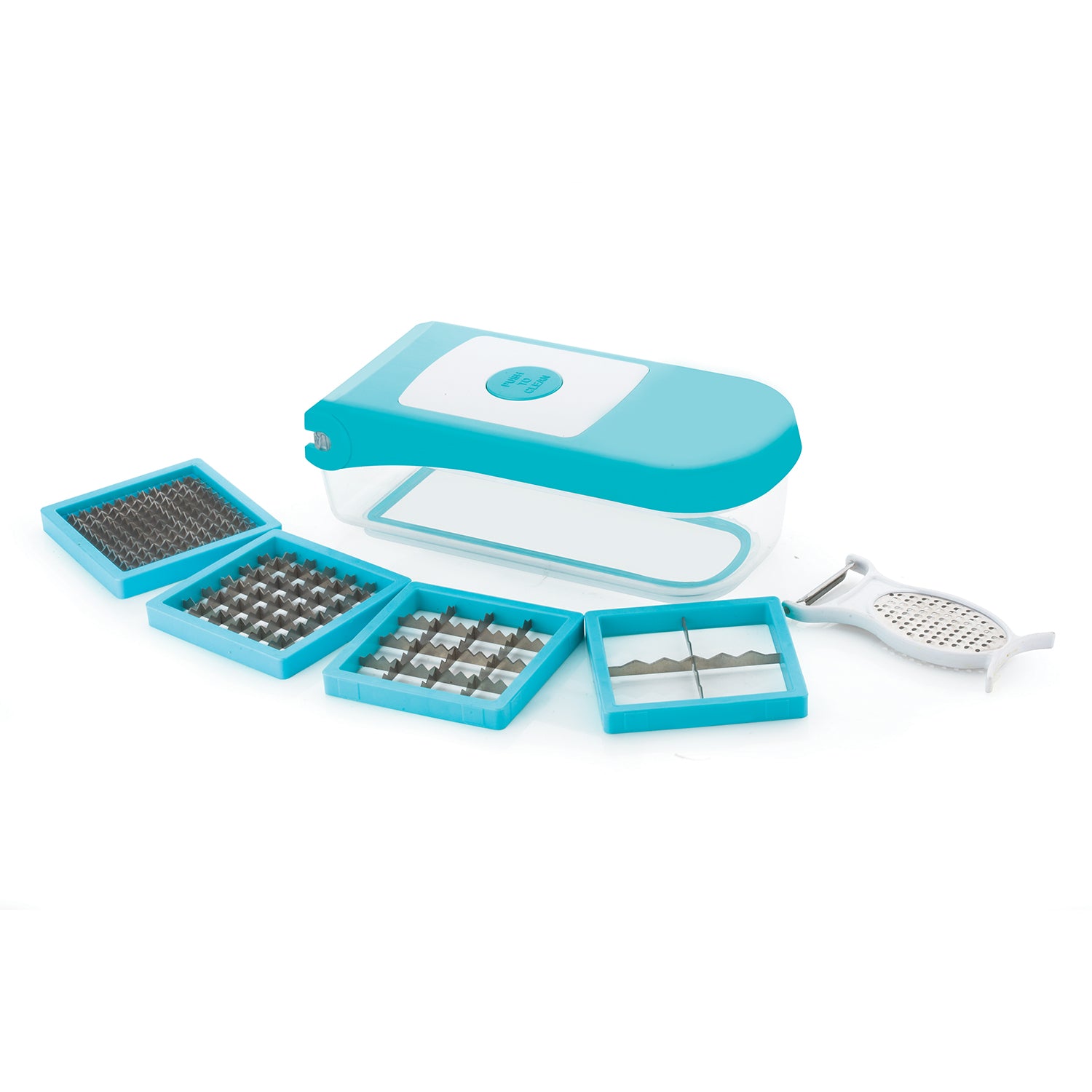 Blue Wukusy 8108 Ganesh 7-in-1 plastic vegetable dicer with multiple blades for easy chopping and slicing in the kitchen.