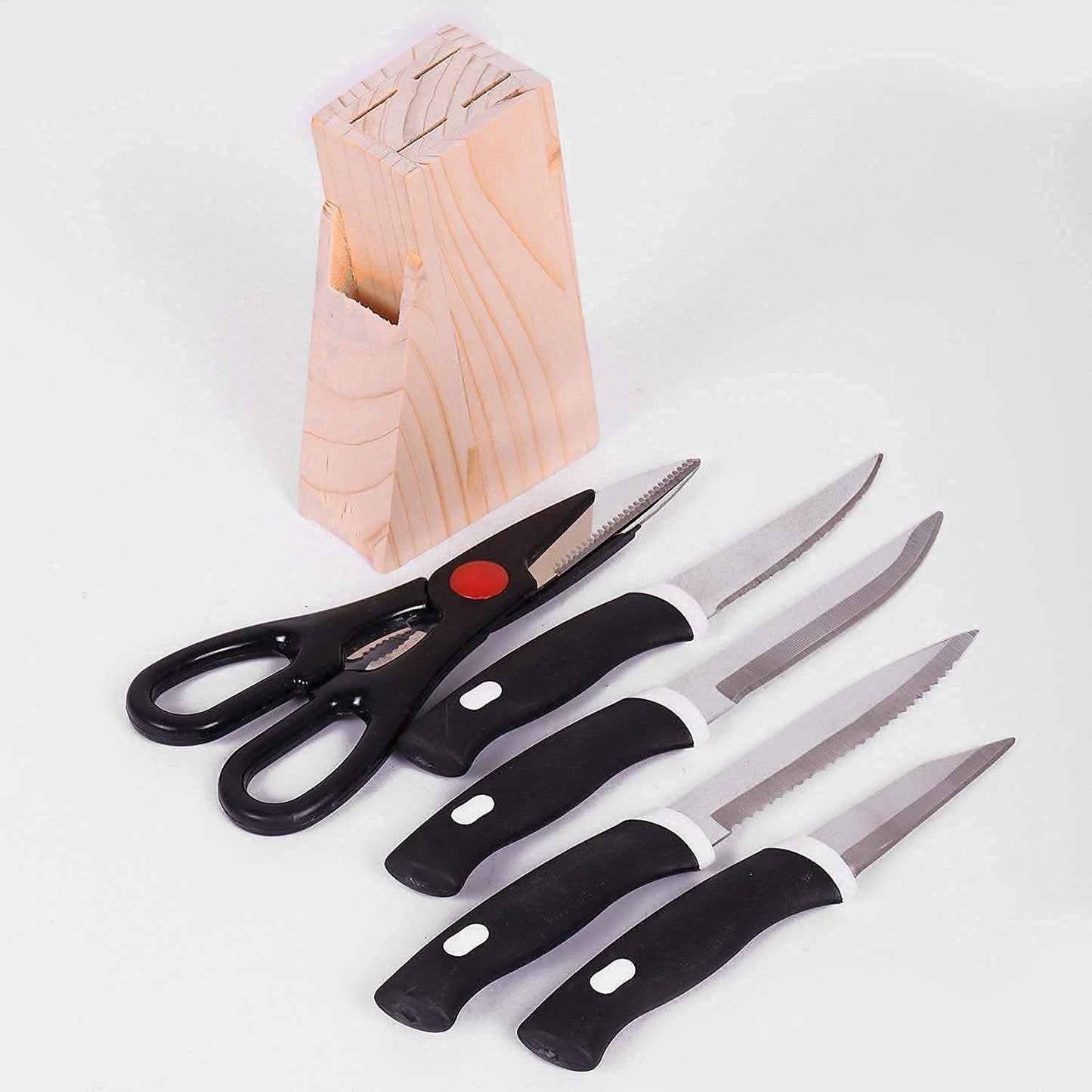Wukusy 5-piece kitchen knife set with black handles, wooden block, and scissors, displayed on a countertop.