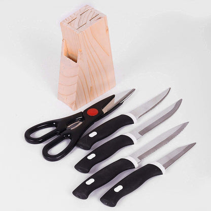 Wukusy 5-piece kitchen knife set with black handles, wooden block, and scissors, displayed on a countertop.