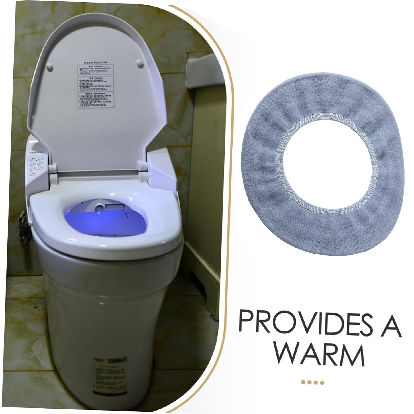 Soft fabric elastic toilet seat cover by Wukusy, 29x29 cm, showing the cozy, stretchy material fitted on a toilet seat.