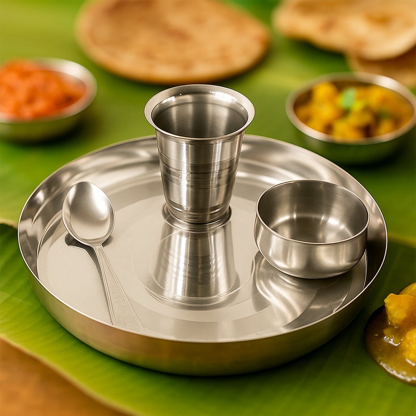 Stainless steel Pooja Thali set by Wukusy with decorative bowls and utensils for Indian prayer rituals, arranged on a wooden surface.