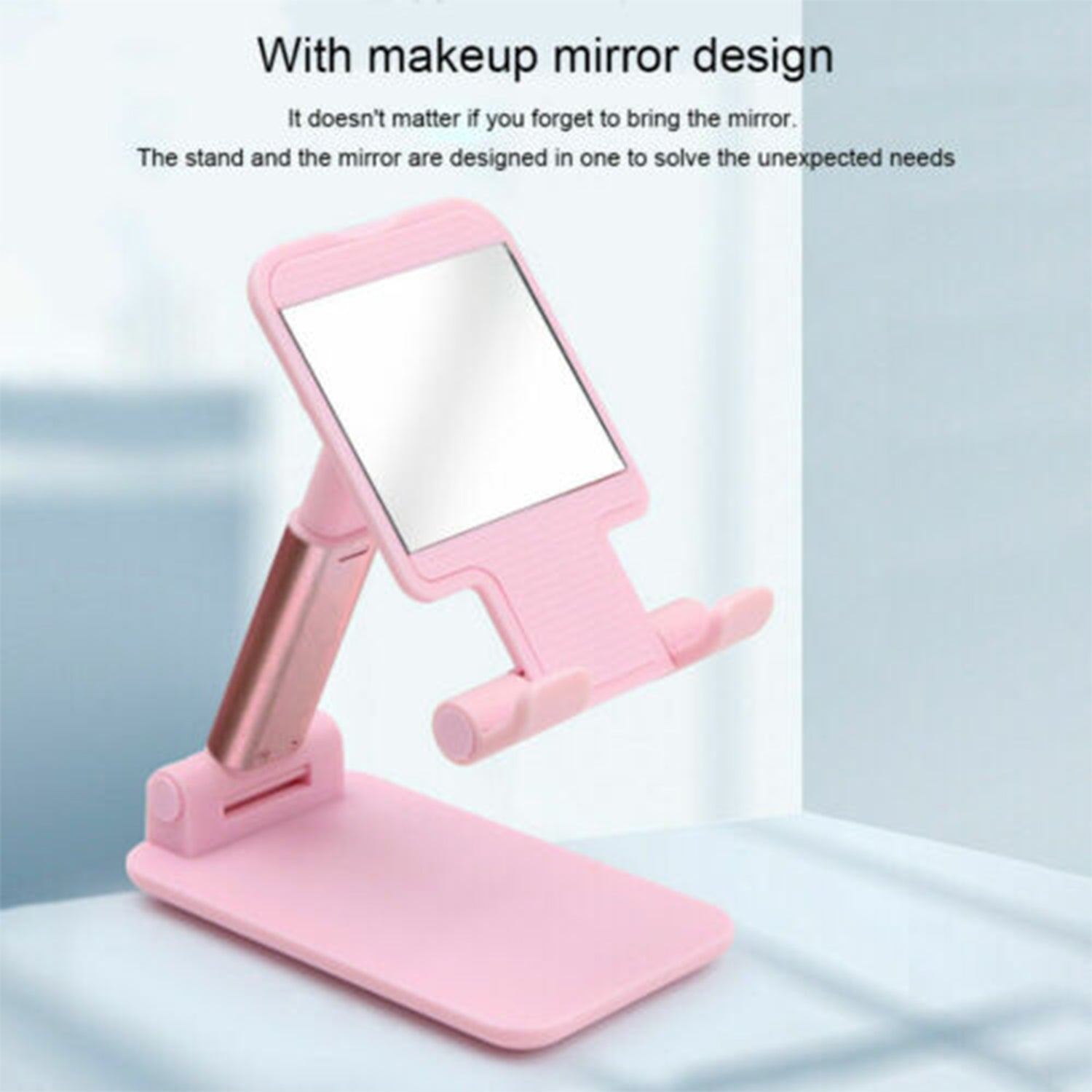 Wukusy desktop cell phone stand with mirror, 3-way adjustable phone holder for desk, height, and angle customization.