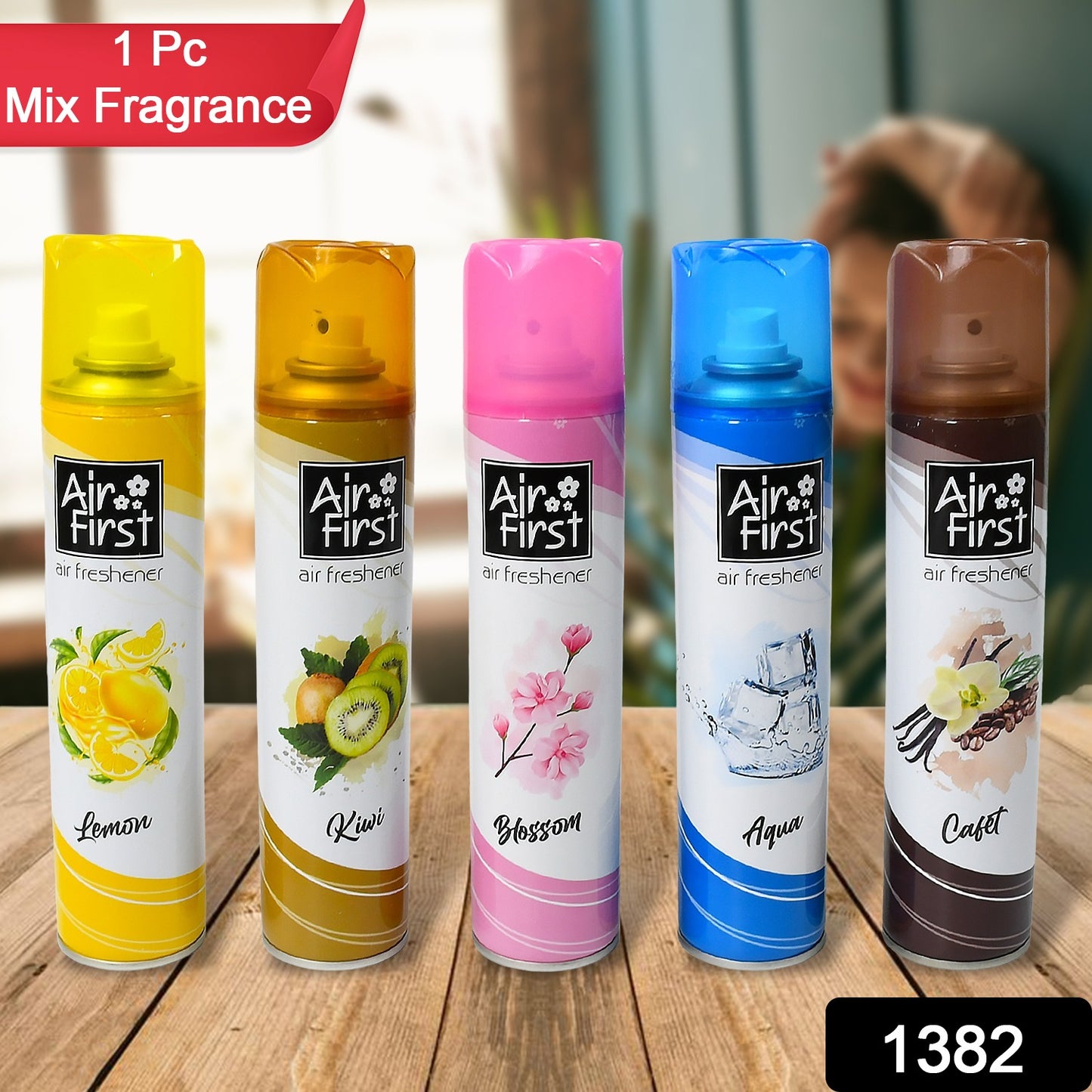 Wukusy 1382 air freshener spray bottle with lemon, kiwi, blossom fragrances for home, office, or hotel rooms.