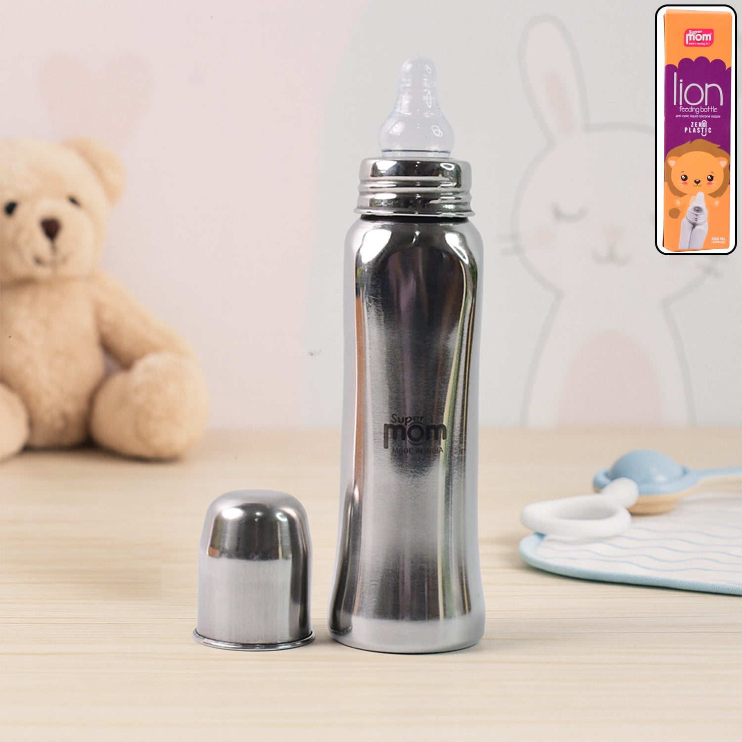 Stainless steel Supermom Lion baby feeding bottle by Wukusy, 250ml, with a colorful lion design for infant feeding.