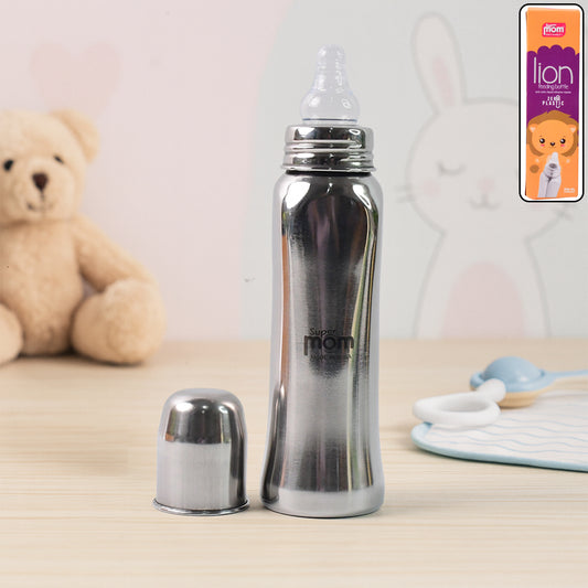 Stainless steel Supermom Lion baby feeding bottle by Wukusy, 250ml, with a colorful lion design for infant feeding.