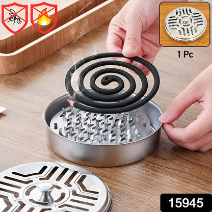 Wukusy stainless steel mosquito coil stand with smoke vent lid, designed to hold mosquito coils securely and improve airflow.