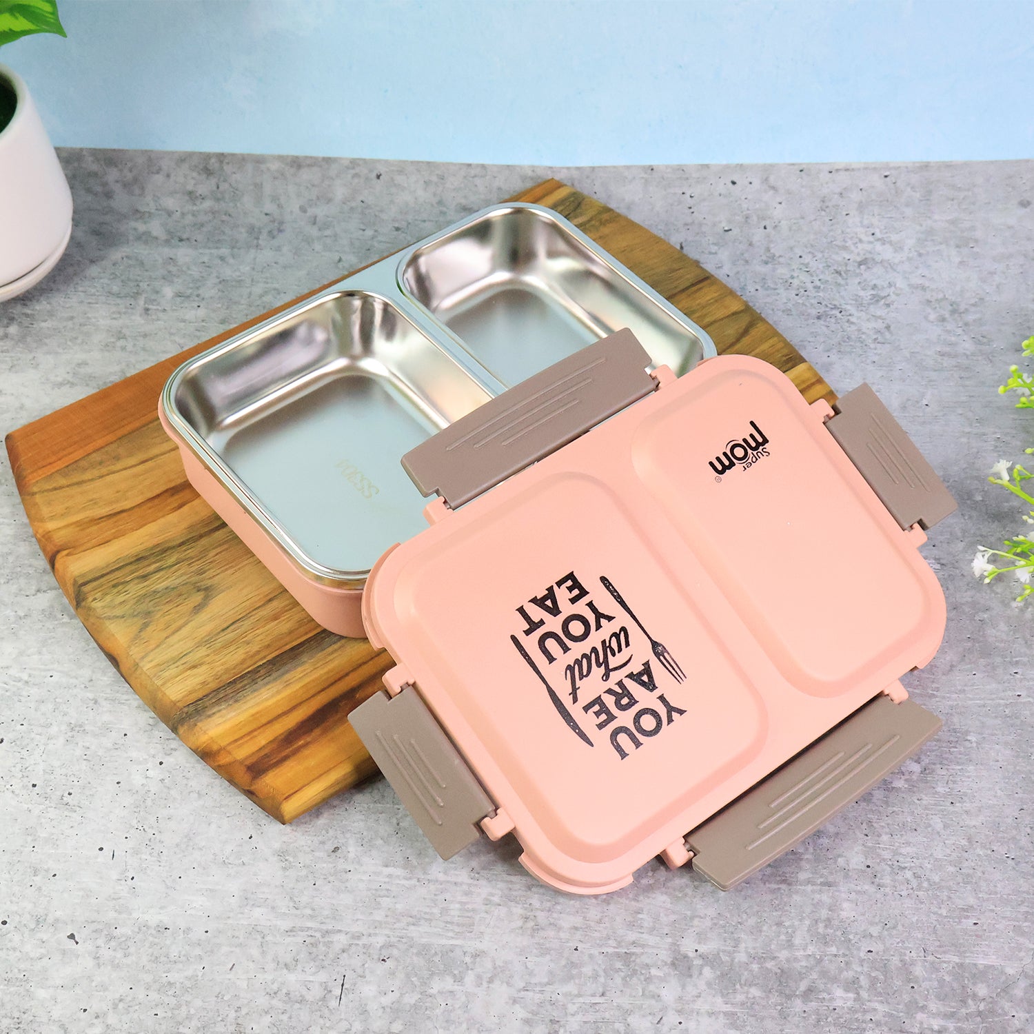 Wukusy Supermom 2 Partition Stainless Steel Lunch Box with two compartments, suitable for home and kitchen use.