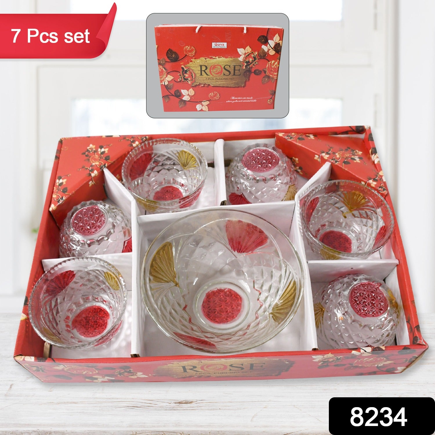 Set of seven Wukusy rose glass serving bowls including six medium and one large bowl for desserts, snacks, and fruit.