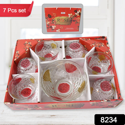 Set of seven Wukusy rose glass serving bowls including six medium and one large bowl for desserts, snacks, and fruit.