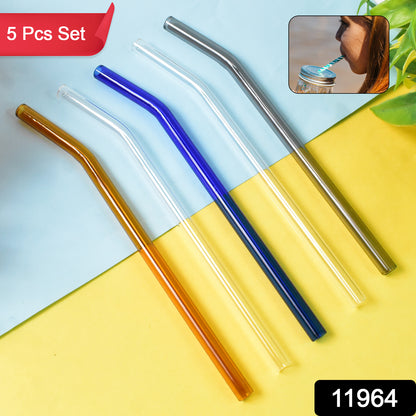 Set of five clear glass reusable drinking straws from Wukusy, ideal for eco-friendly home and kitchen use.