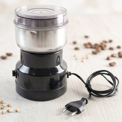 Wukusy electric coffee grinder with stainless steel blade for spices, compact kitchen appliance, black and silver design