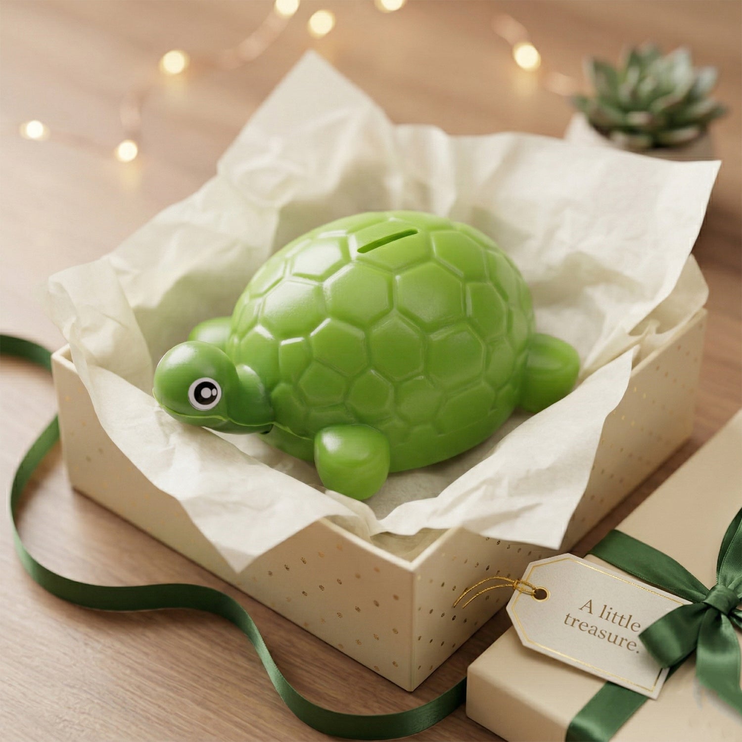 Small tortoise-shaped Wukusy money bank coin saving box with a peek-through slot and secure lid for coin storage.