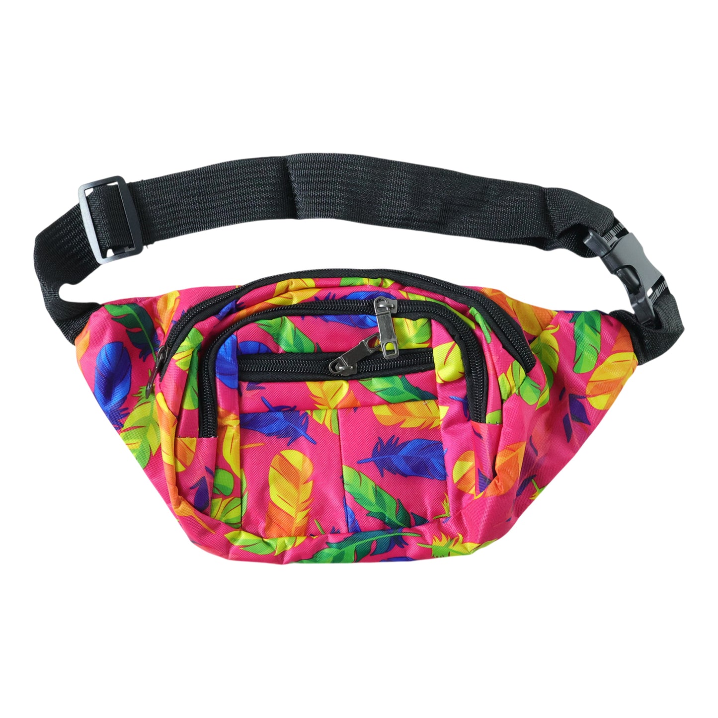 Wukusy stylish printed waist bag with adjustable strap and multiple compartments, shown in a close-up view.