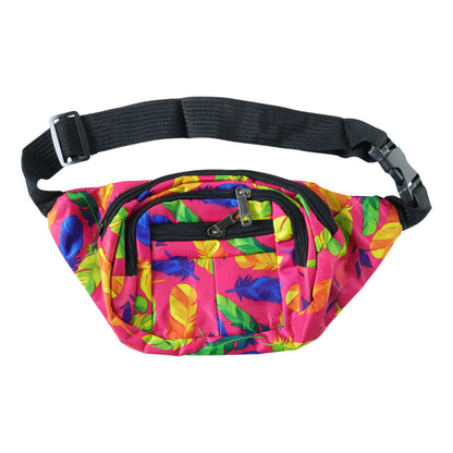 Wukusy stylish printed waist bag with adjustable strap and multiple compartments, shown in a close-up view.
