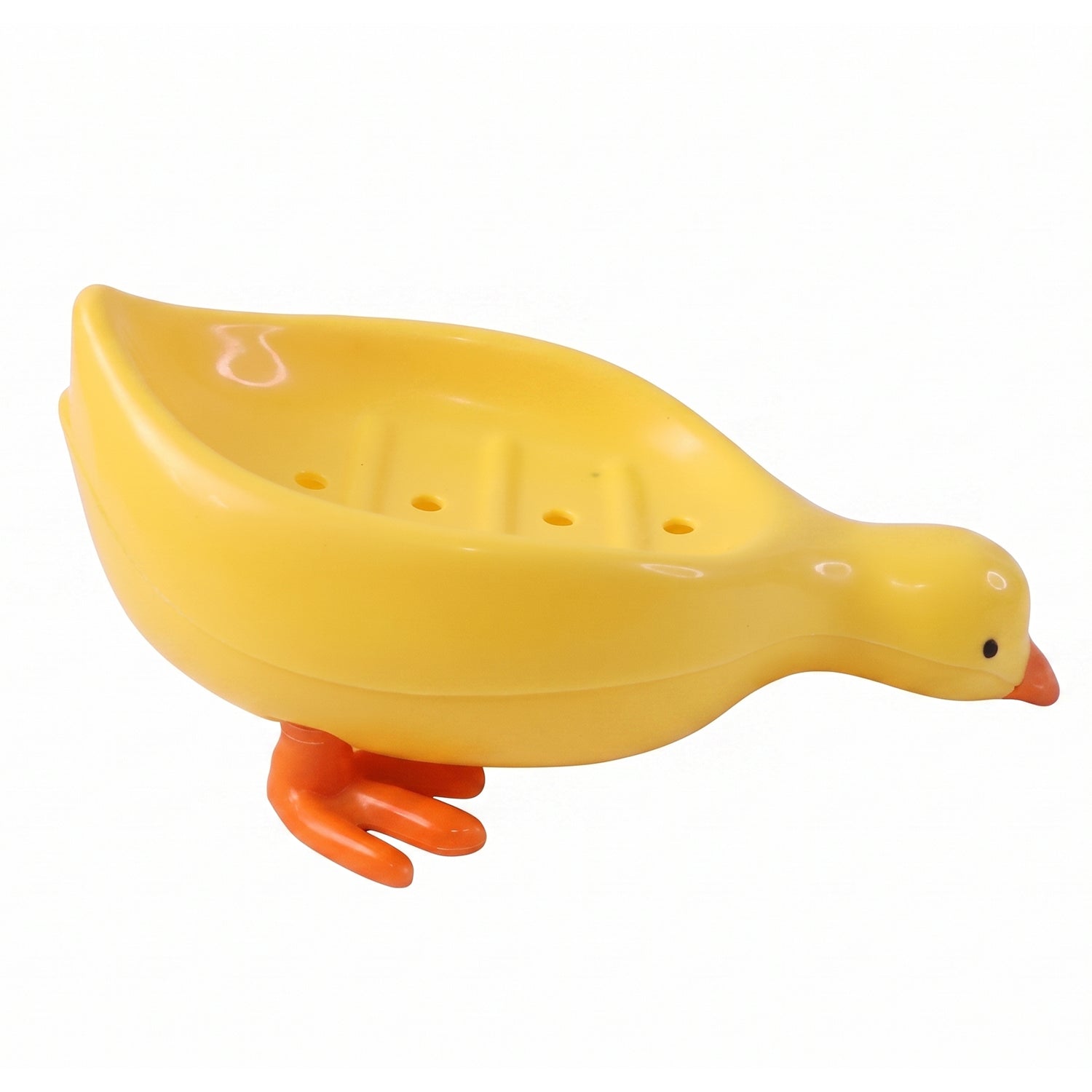 Cute duck-shaped plastic soap holder for bathroom, designed for kids, featuring a tray to hold soap securely.
