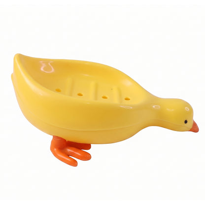 Cute duck-shaped plastic soap holder for bathroom, designed for kids, featuring a tray to hold soap securely.