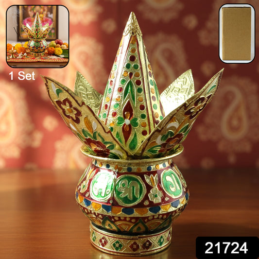 Traditional decorative Pooja Kalash set by Wukusy, featuring a brass or metal container with intricate designs for religious rituals.