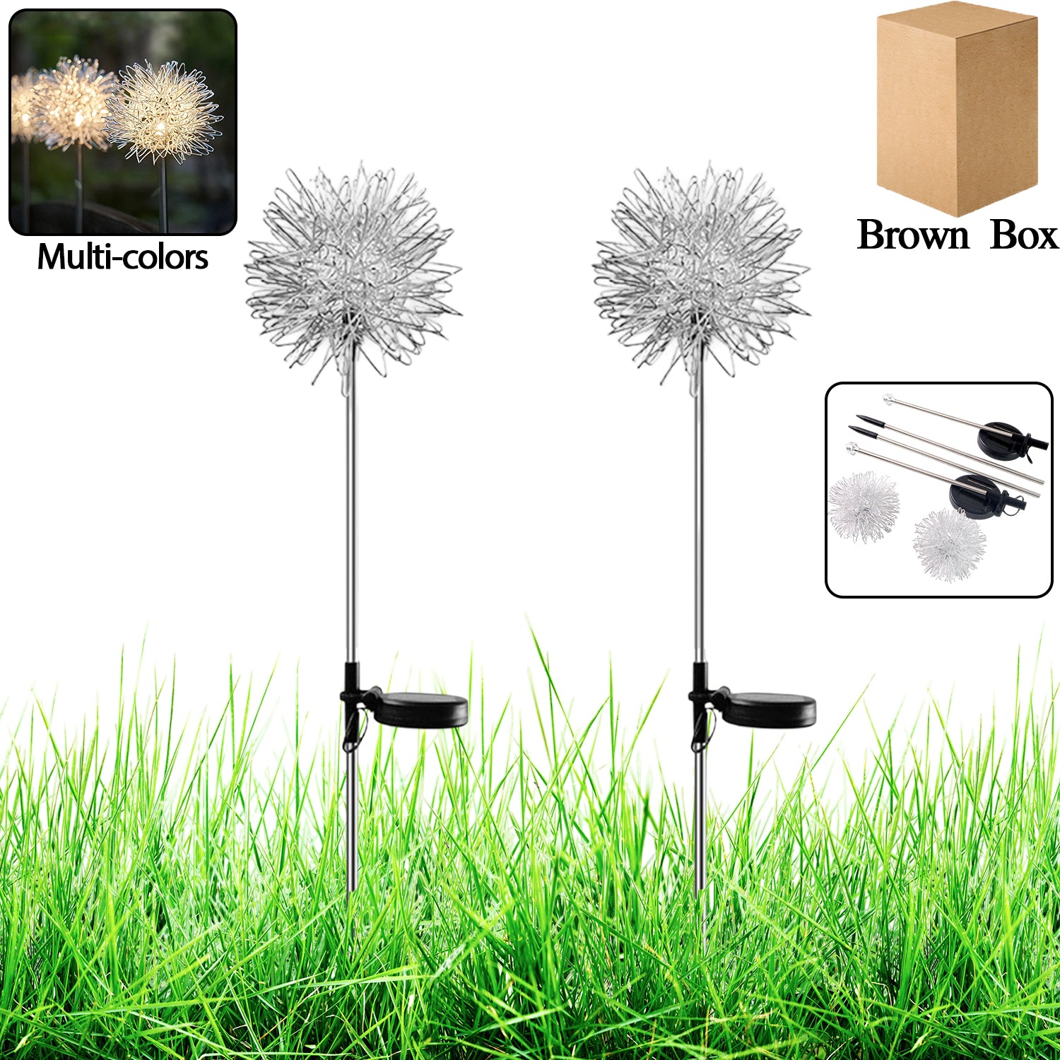 Pair of Wukusy solar-powered dandelion garden lights illuminating a garden at dusk, showcasing decorative outdoor lighting.