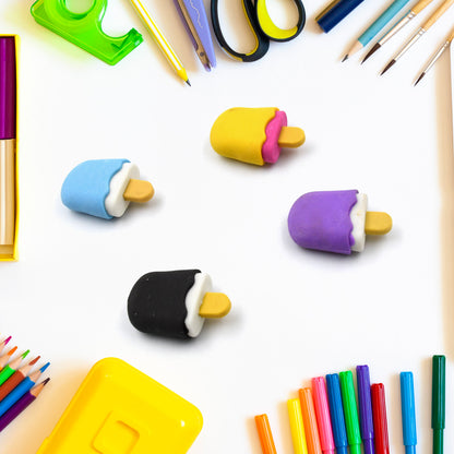 Set of four Wukusy ice cream-themed erasers and pencils with doughnut and lollipop shapes, ideal for kids' school supplies.