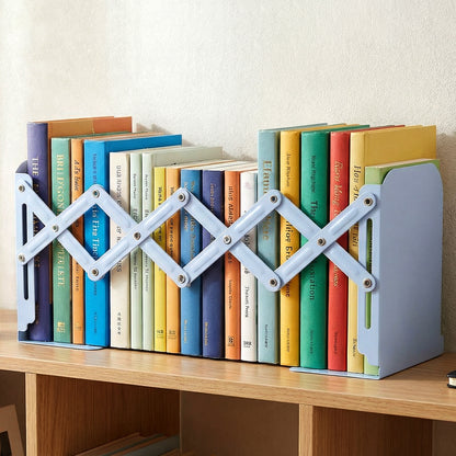 Wukusy adjustable expandable book stand holding open a book, made of lightweight material with adjustable angles.
