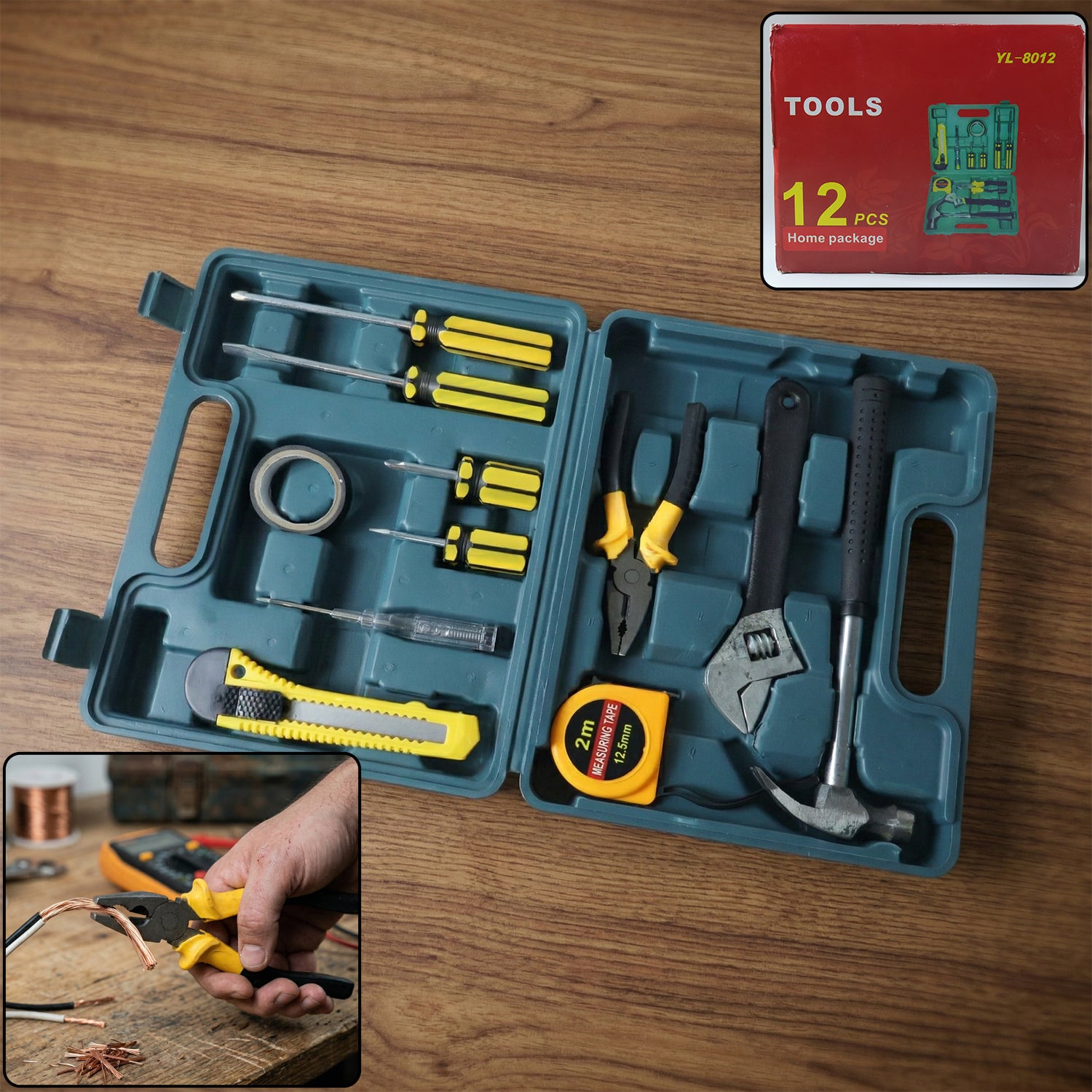 Wukusy 12-piece premium home tool kit set with carry case, including screwdrivers, pliers, and wrenches for household repairs.