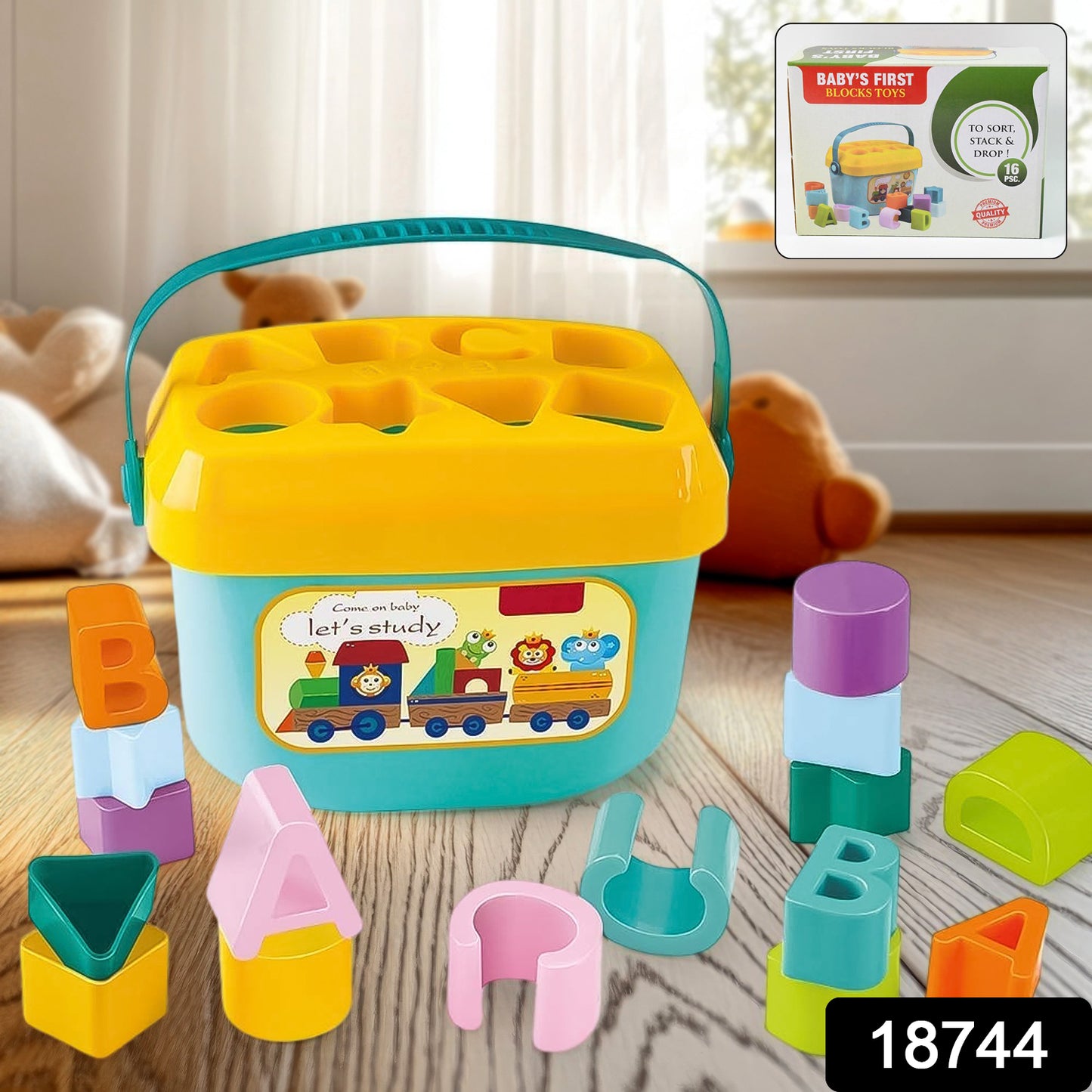 Baby Wukusy first block set with colorful geometric shapes, stacking and sorting toy for kids, non-toxic and educational.