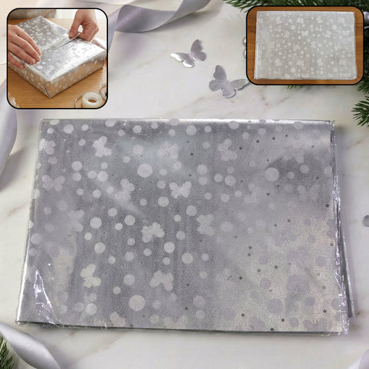 Silver decorative gift wrapping paper sheets from Wukusy, featuring elegant, shiny designs, perfect for gift wrapping or special occasions.