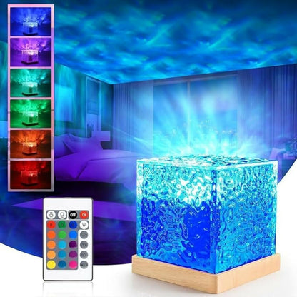 Wukusy Crystal Cube LED Night Lamp with remote, RGB color-changing light, showcasing a glowing transparent crystal cube.