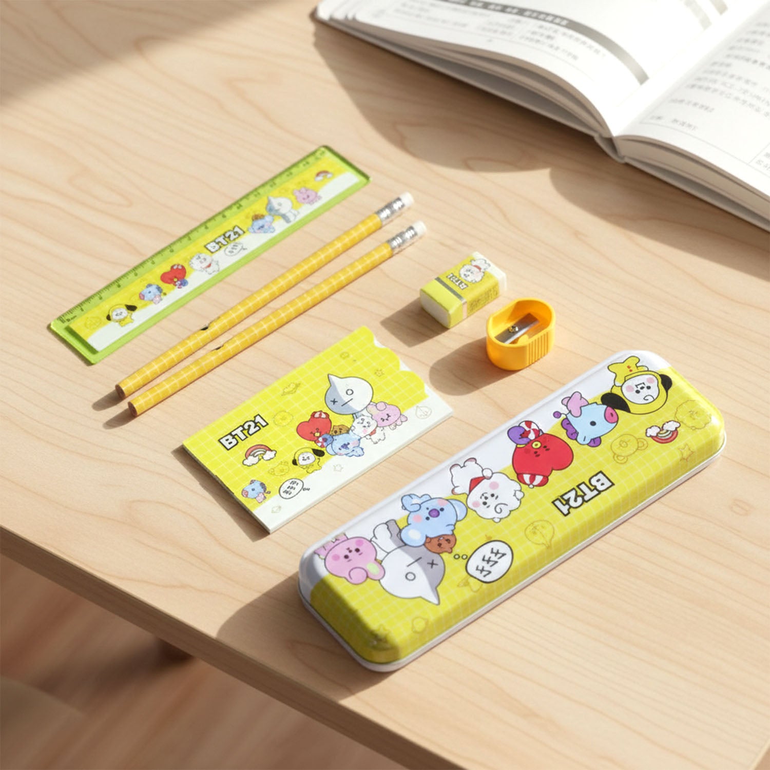 Wukusy premium cartoon printed pencil box stationery set with colorful design, open to show compartments for pens and supplies
