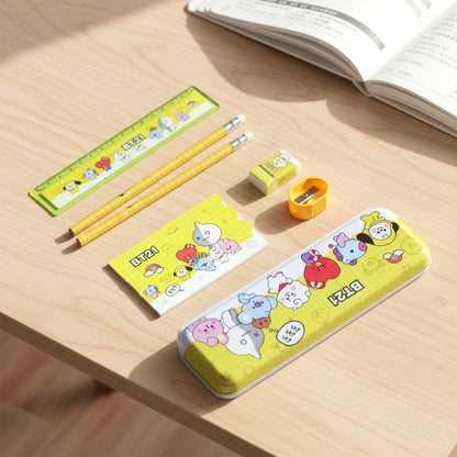 Wukusy premium cartoon printed pencil box stationery set with colorful design, open to show compartments for pens and supplies