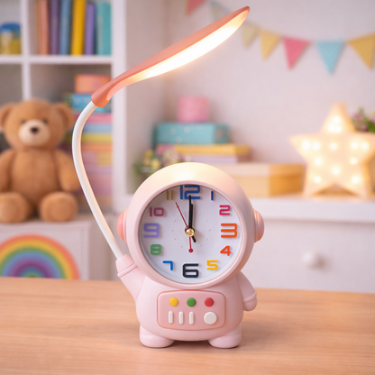Wukusy astronaut table lamp with built-in clock, ideal for kids' study desks and bedrooms, featuring a playful astronaut design.