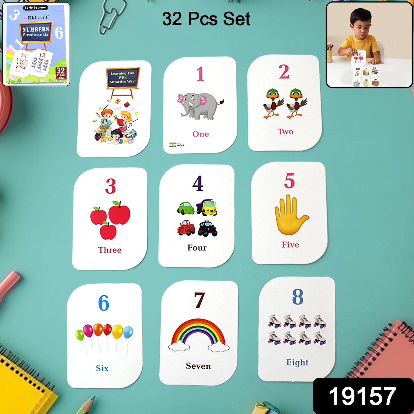 Wukusy Kid Kraft Early Learner 32-piece number flashcard set for kids, featuring colorful educational toys for learning numbers.