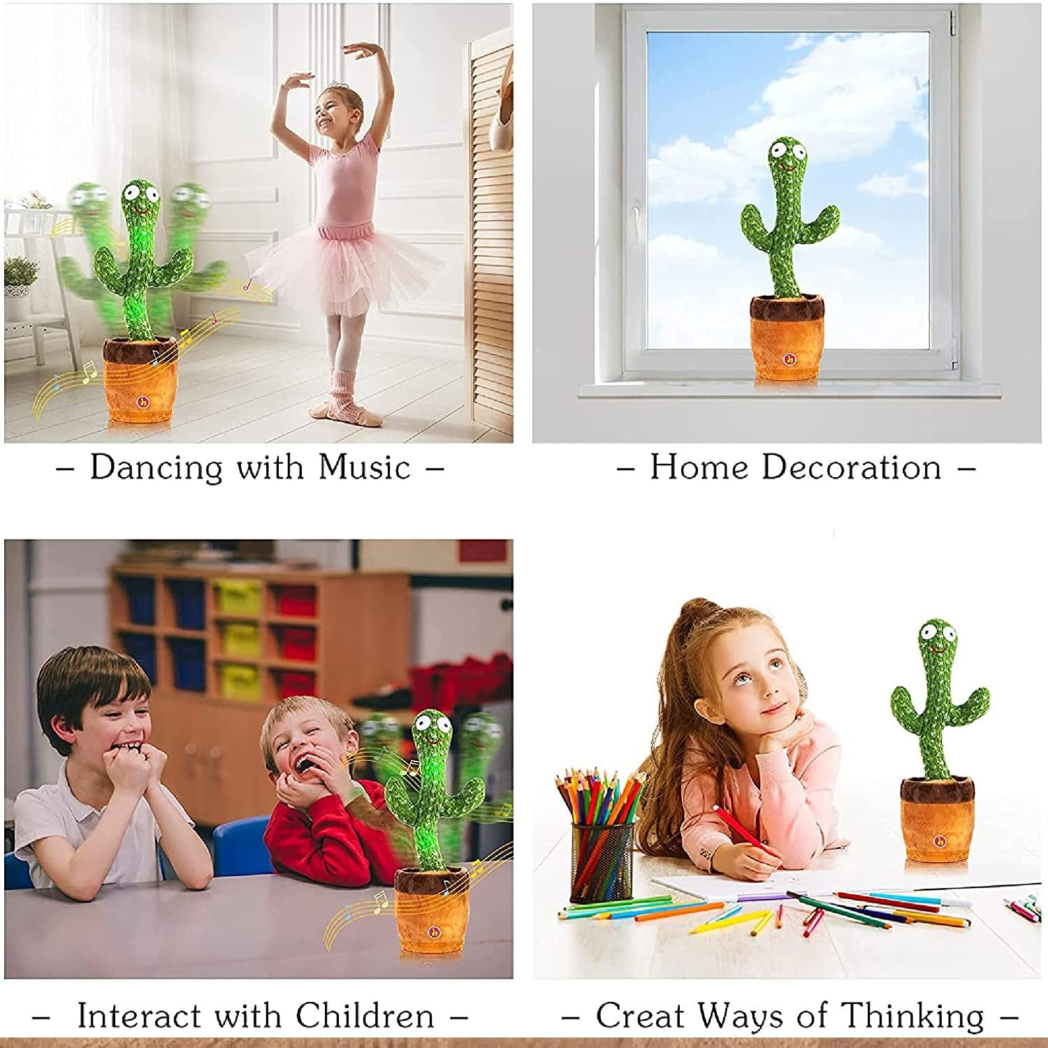 Colorful Dancing Cactus Toy by Wukusy, featuring a plush cactus with a cheerful face and dancing arms, perfect for kids.
