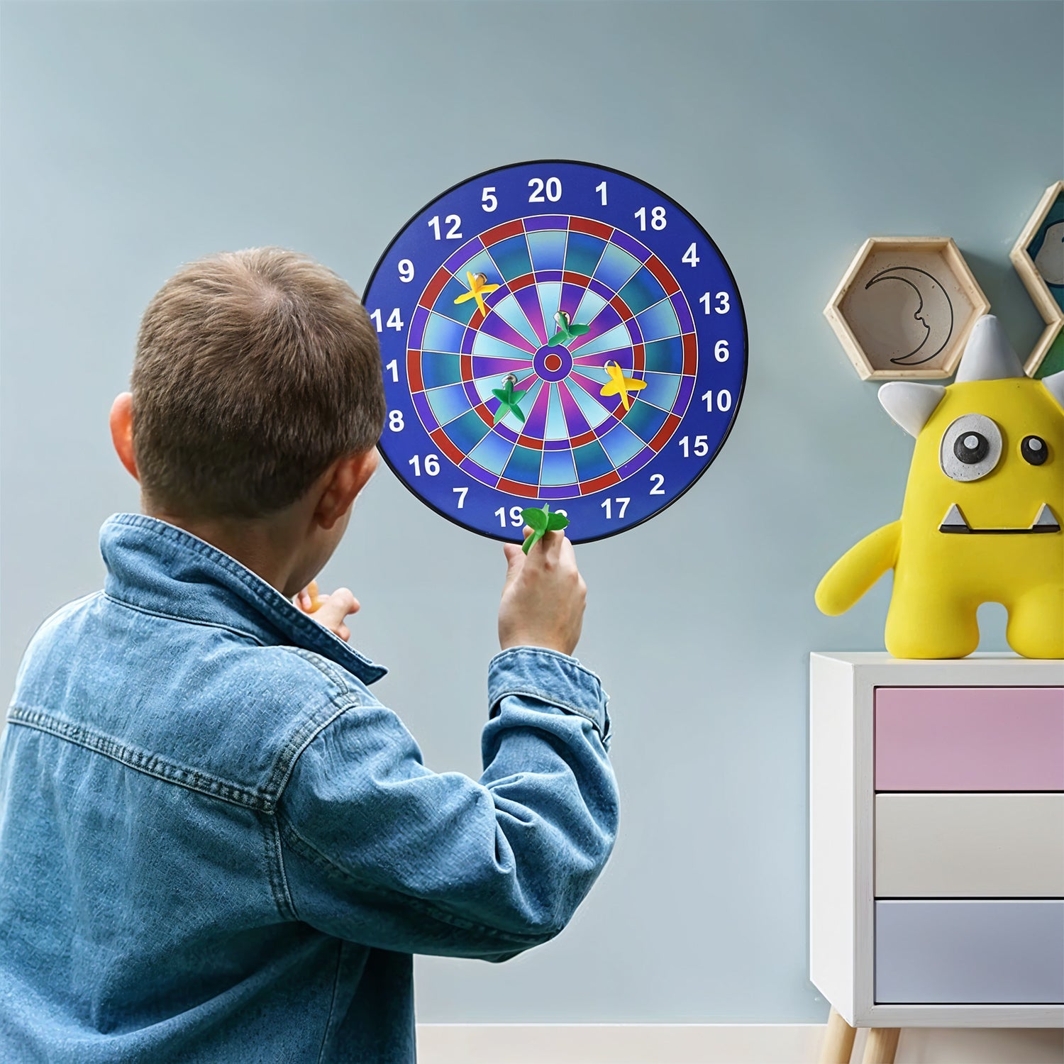 Wukusy magnetic dartboard game set for kids and adults, featuring colorful magnetic darts on a vibrant toy dartboard.