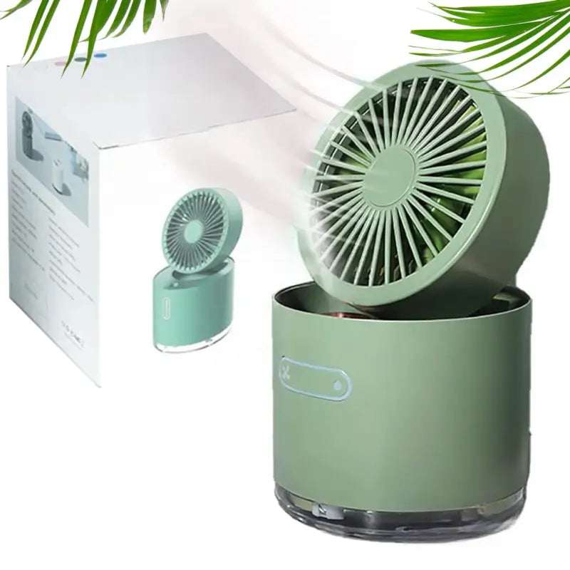 Ekom mini desktop cooling fan with rotating head, water spray humidifier, small water tank, ideal for computers and tablets.