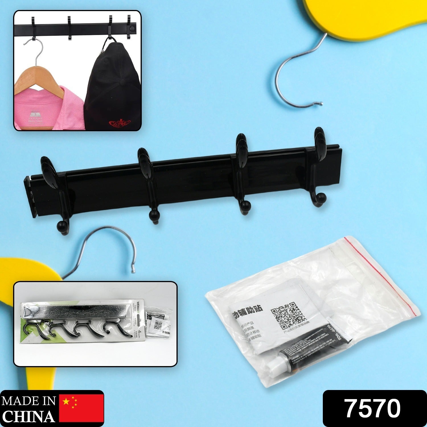 Wukusy 7570 cloth hanger wall hook rack with six hooks, wall-mounted for hanging clothes, jackets, hats, with eco-friendly adhesive.