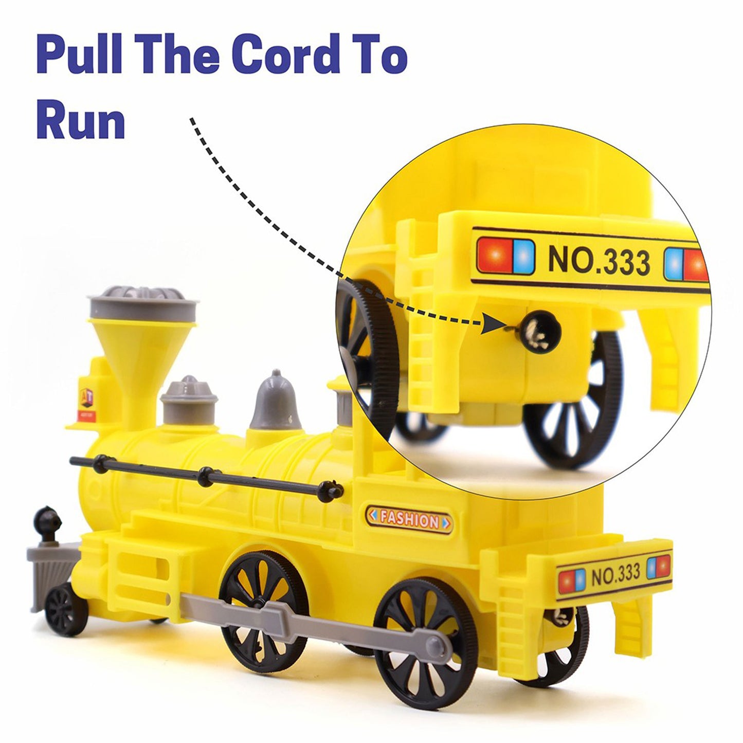 Colorful Wukusy pull and go train toy with light and plastic string, featuring a pull-back mechanism for kids' play.