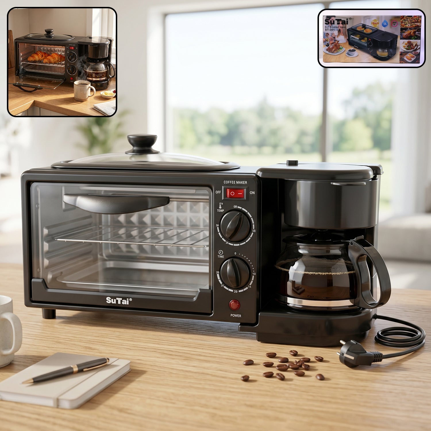 Wukusy Suta 3-in-1 breakfast maker, compact kitchen multi-functional appliance with toaster, coffee maker, and egg cooker features