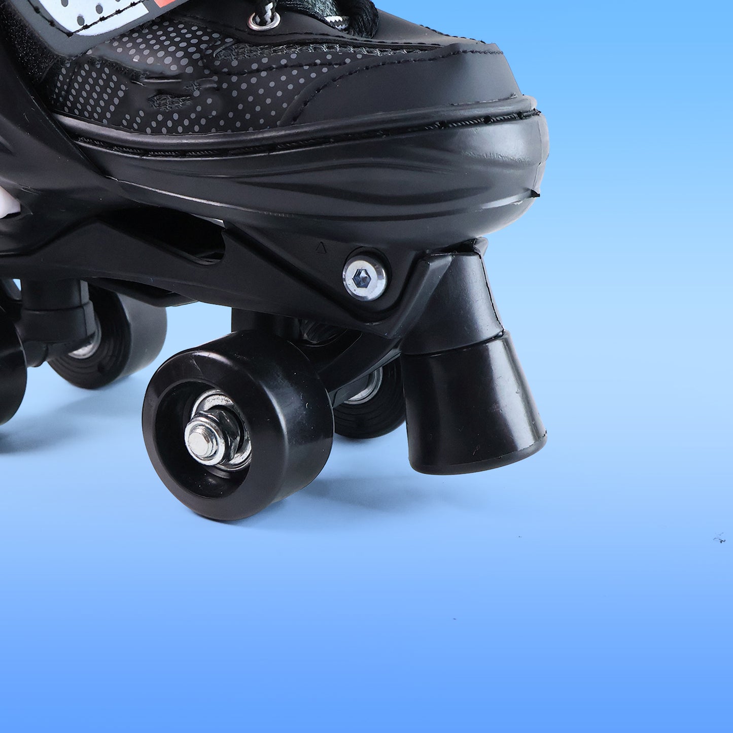 Pair of Wukusy adjustable quad roller skates for kids with colorful wheels and secure straps, perfect for outdoor skating fun.