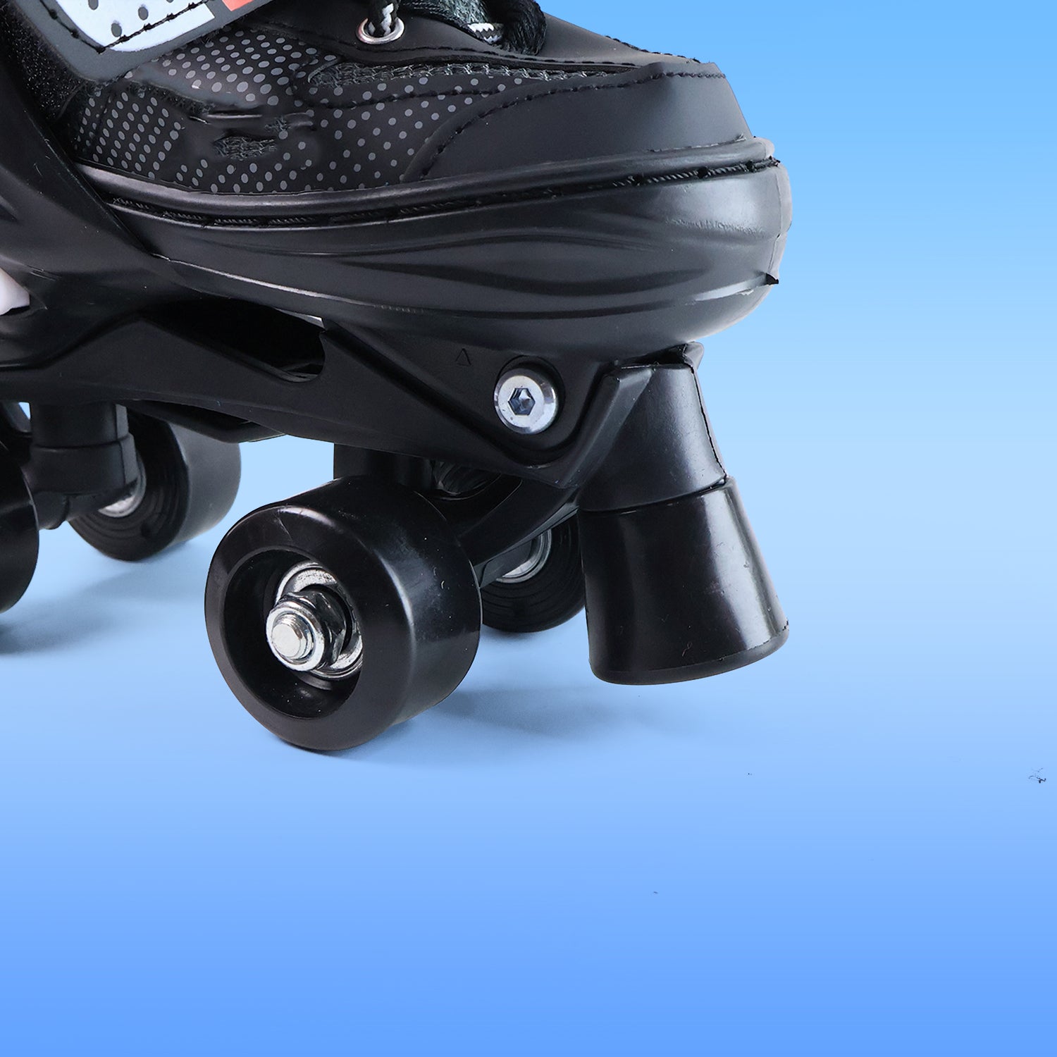 Pair of Wukusy adjustable quad roller skates for kids with colorful wheels and secure straps, perfect for outdoor skating fun.