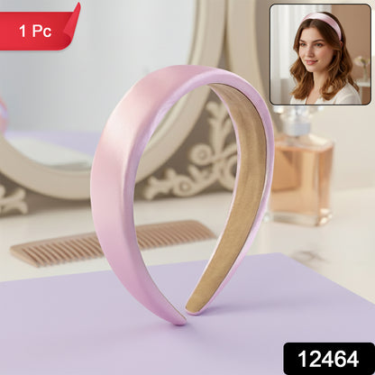Elegant padded satin finish hairband from Wukusy, showcasing its smooth, shiny fabric and comfortable design.