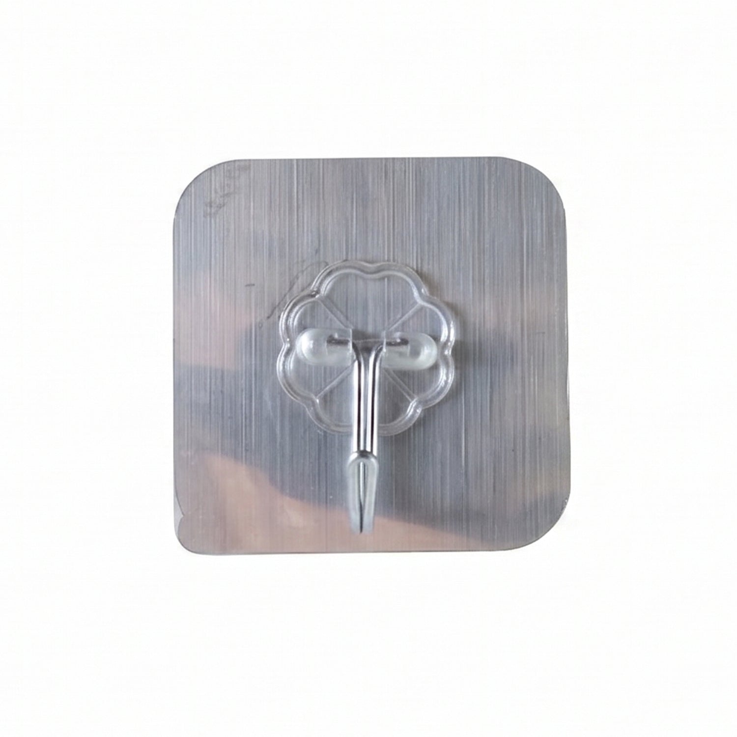 Transparent heavy-duty self-adhesive wall hook by Wukusy attached to wall, showing strong adhesive and versatile use for hanging items.