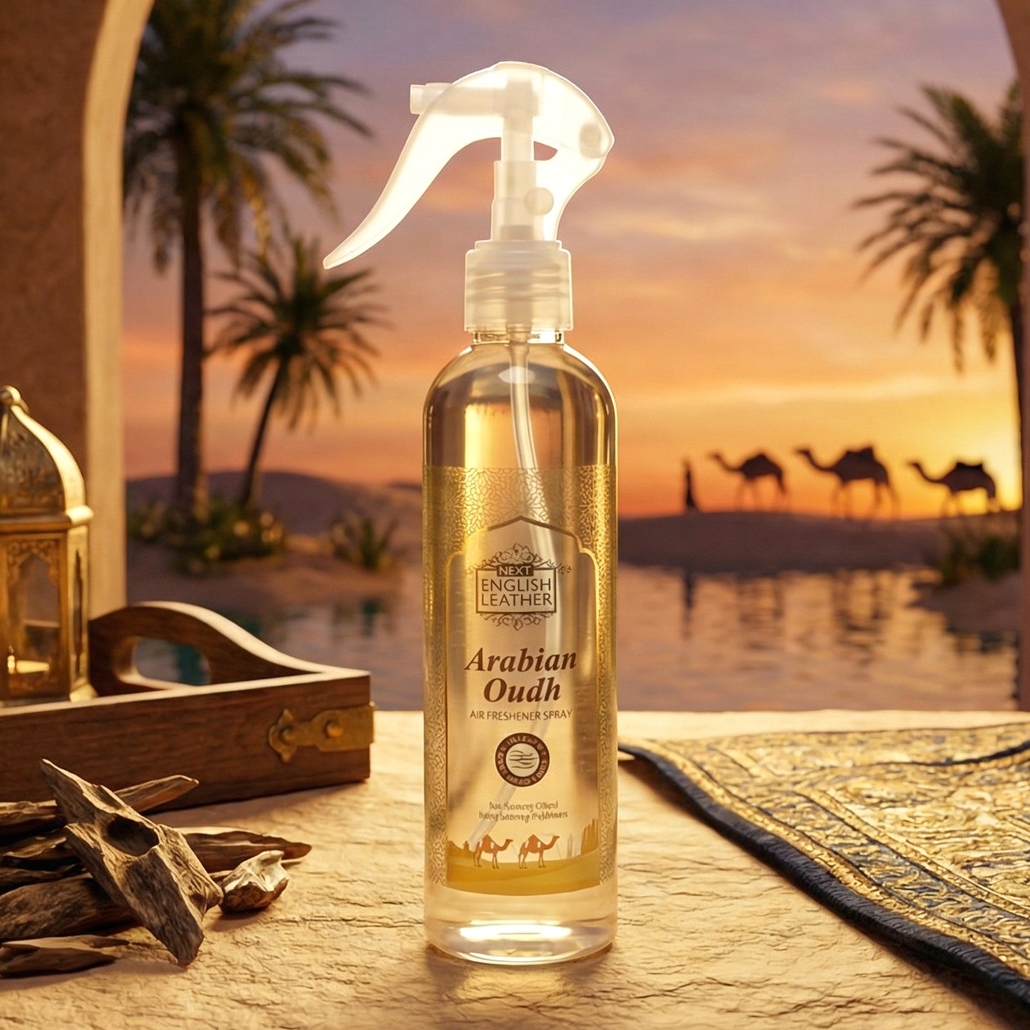 Wukusy Arabian Oudh air freshener spray for home or office, 250ml bottle with a sleek design and Oudh fragrance.