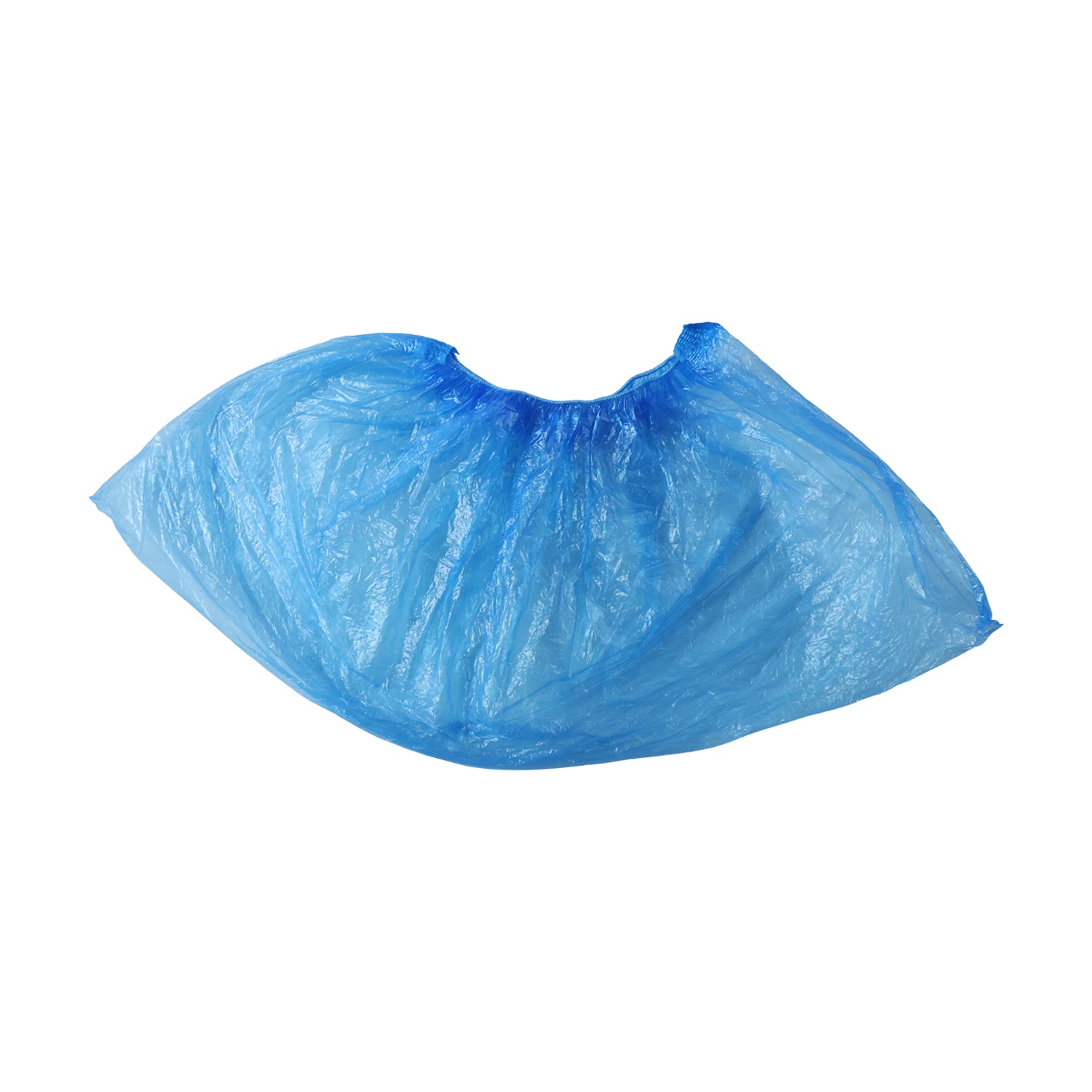 Set of five disposable plastic shoe covers with elastic fit from Wukusy, shown in a stack to demonstrate stretchy, protective design.