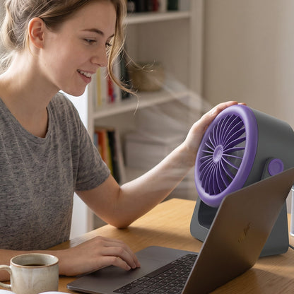 Wukusy personal desktop air circulation fan, portable USB desk fan with adjustable tilt and compact design.