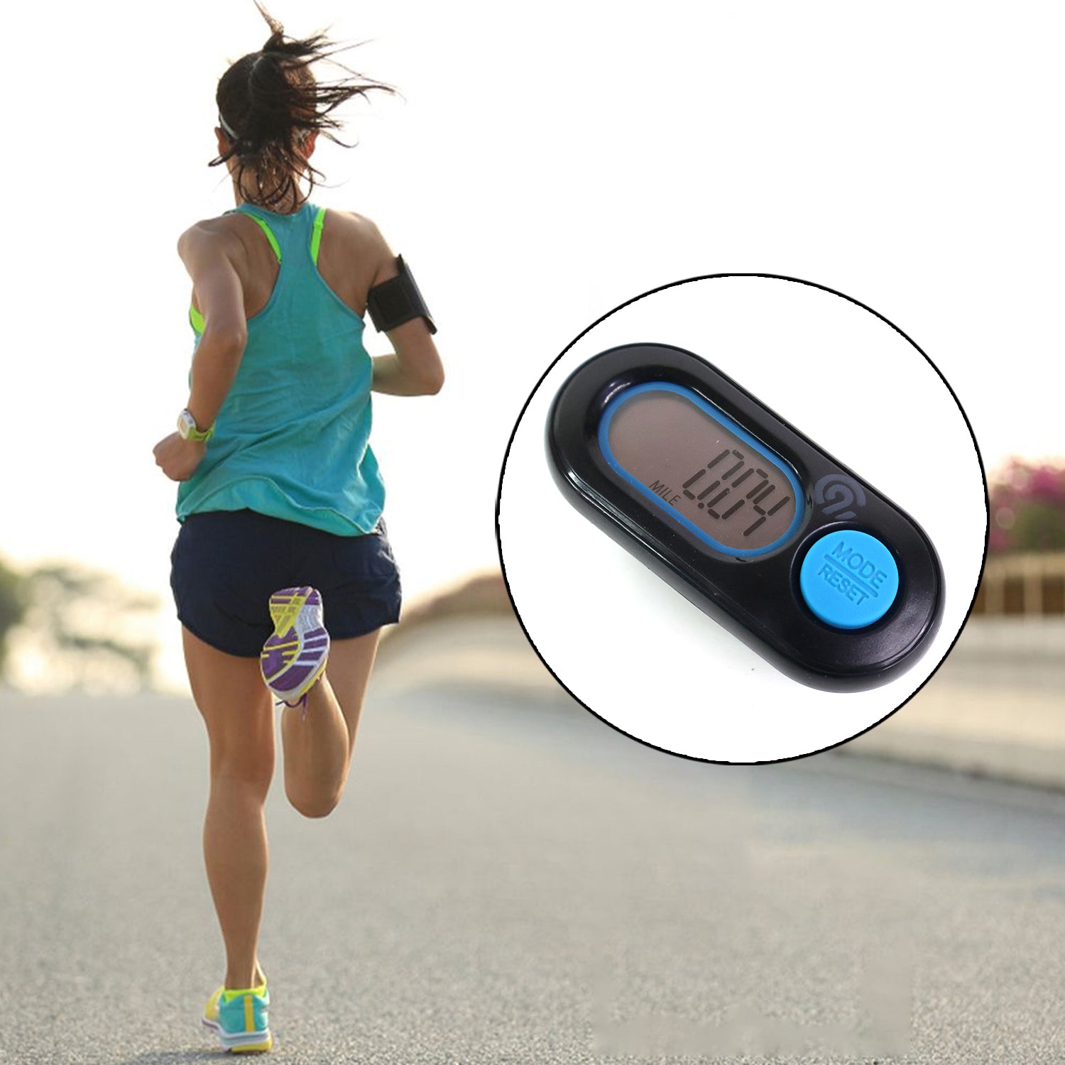Wukusy digital pedometer with LCD display showing step count, distance, and activity data on a sleek black device.