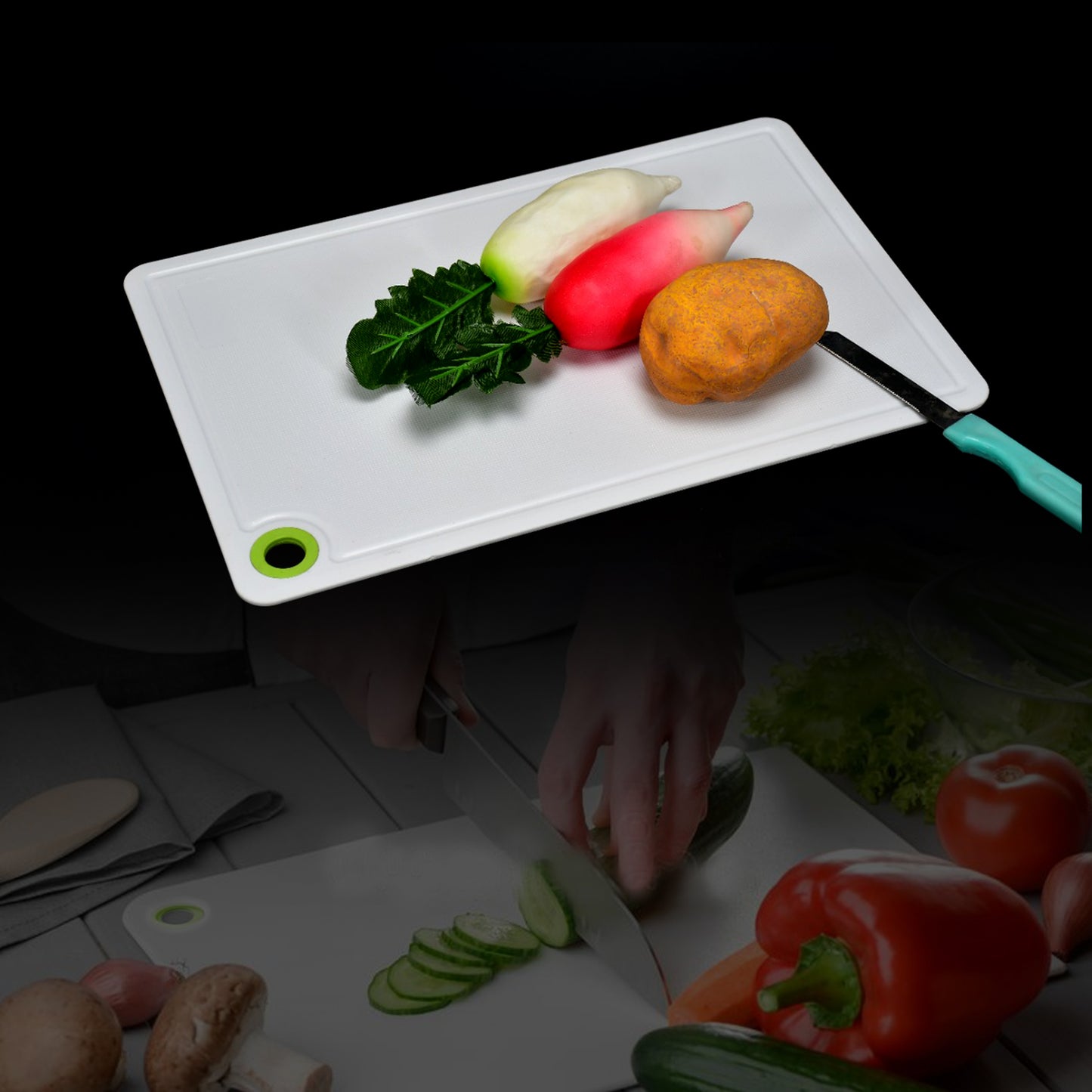 Wukusy 2316 fruit and vegetable plastic chopping board with textured surface for kitchen food prep and slicing.