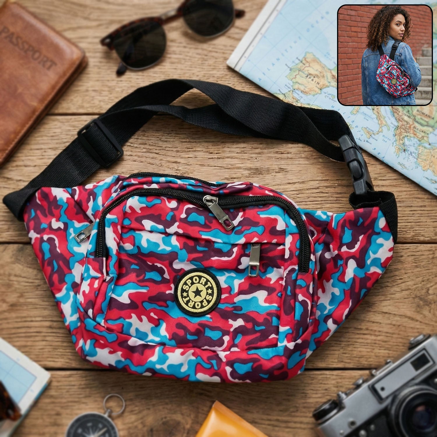 Wukusy stylish multi-purpose waist bag and cross-body sling pouch in black with adjustable strap on a white background