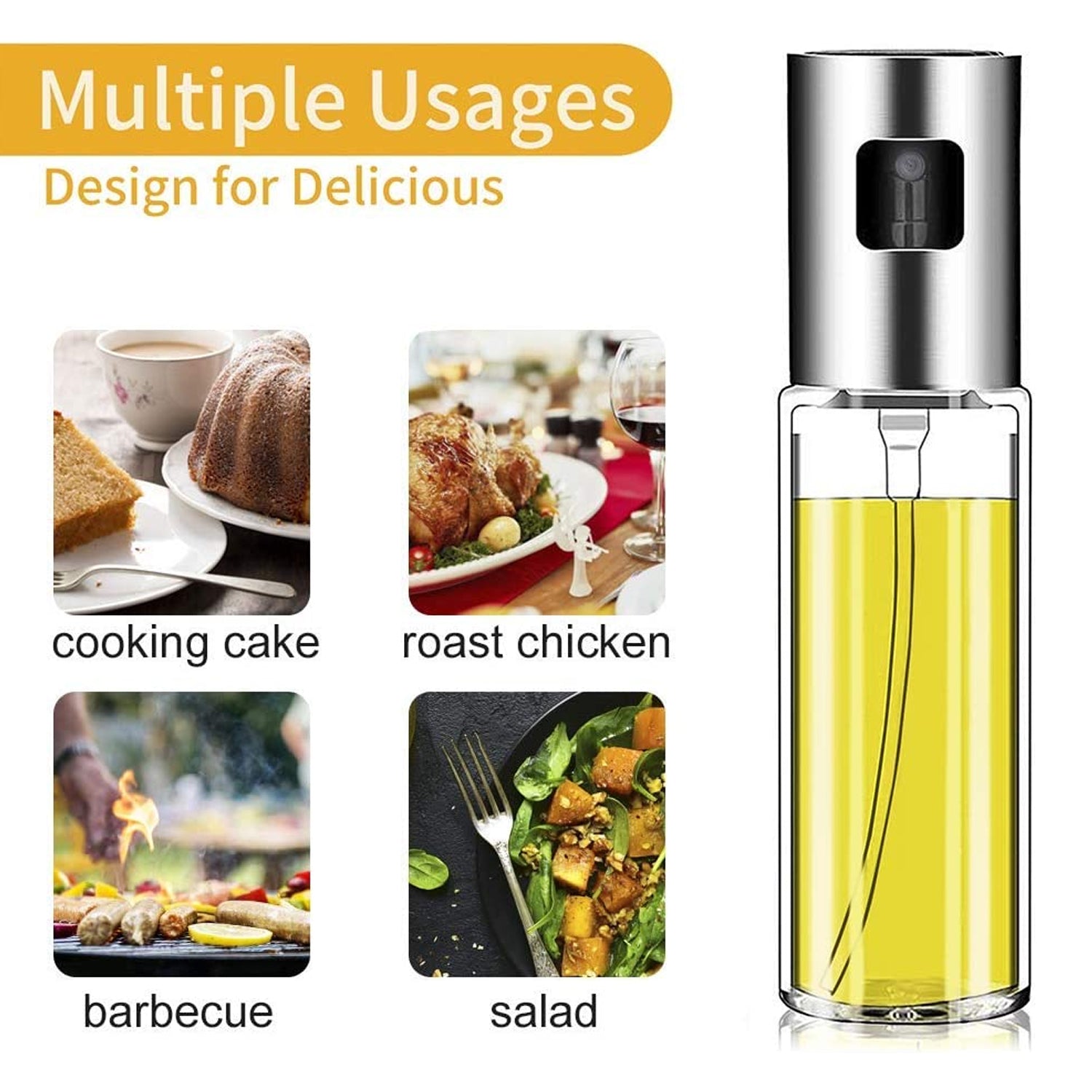 Wukusy 7126 oil sprayer dispenser with clear glass bottle, versatile for cooking and kitchen use, featuring a spray nozzle.